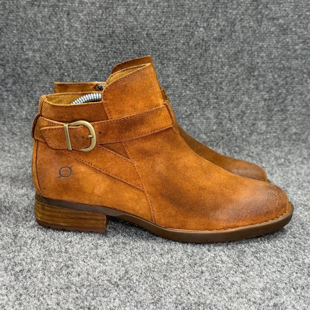 Born Jorgette Zip Buckle Strap Ankle Boots Women's Size 8 Brown Suede Leather‎
